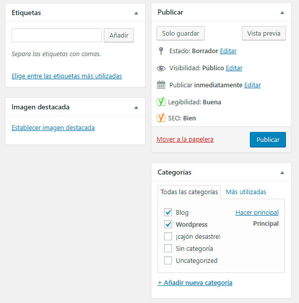 Etiquetas, imagen destacada, categorías y publicar WordPress